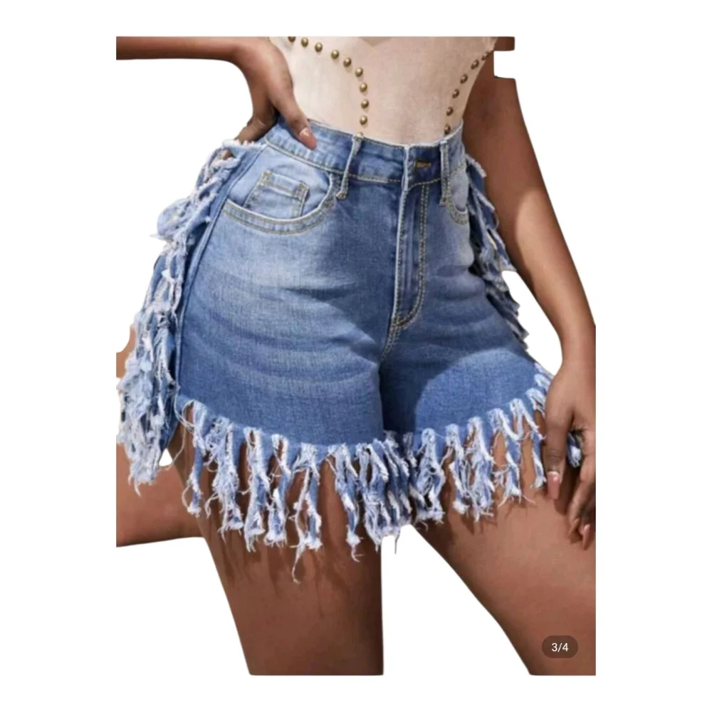 Fashion Nova Blue Fringed Jean Shorts - Picture 4 of 7
